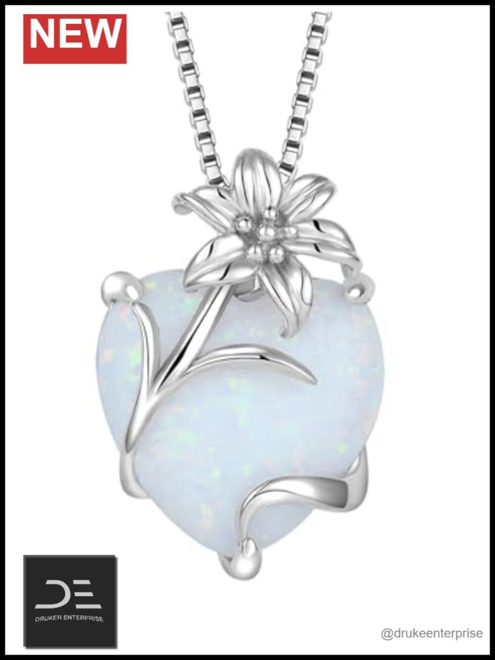 925 Sterling Silver Lily Pendant Necklace, White Opal Heart Charm Jewelry